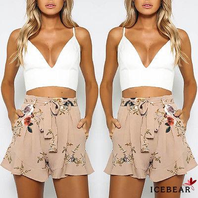 A2R-Women Bandage Chiffon Floral Shorts Stretch Waist Casual Beach Short Hot Pants