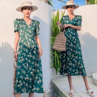 Đầm dáng dài cổ chữ V chiết eo phong cách Retro Pháp thanh lịch cho nữ