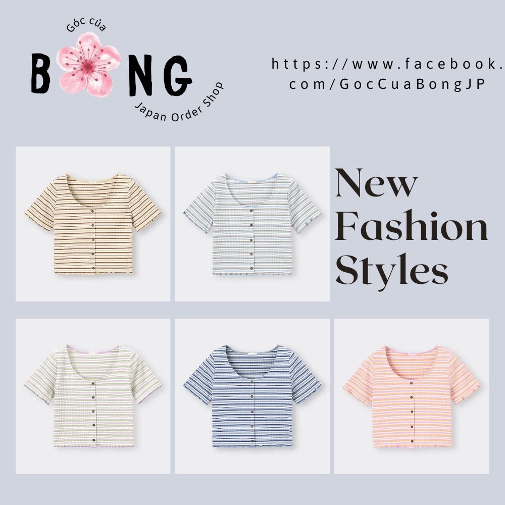 Áo thun tăm dáng croptop, sọc ngang, cuốn biên, cúc giả - Áo thun GU Nhật - Mã 341736