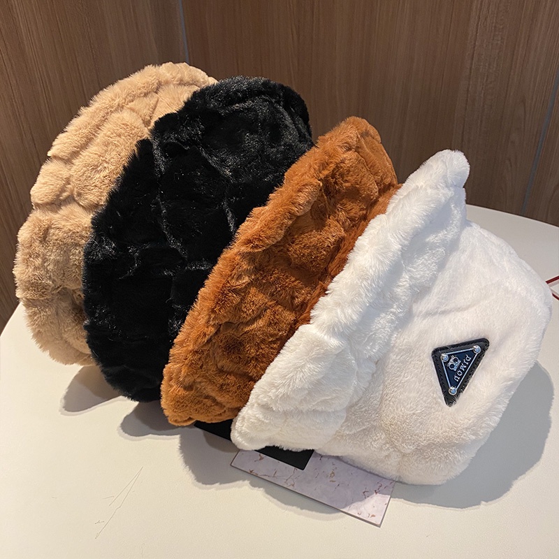 Mũ bucket phối lông ấm áp phong cách Harajuku Nhật Bản thời trang mùa đông cho nữ 2021