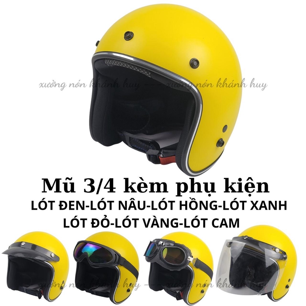 Mũ Bảo Hiểm 3/4 đầu (MÀU VÀNG) Lót 7 Màu Cao Cấp Như Hình - Hàng CTY-Cam Kết Chất Lượng Giống Hình 100%