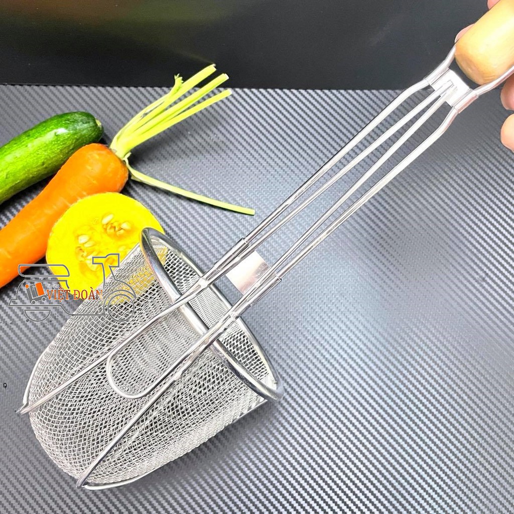 Vợt Trụng Hủ Tiếu, Mì  50cm - Sâu Lòng, INOX DÀY KHÔNG RỈ TAY CẦM GỖ CHẮC CHẮN