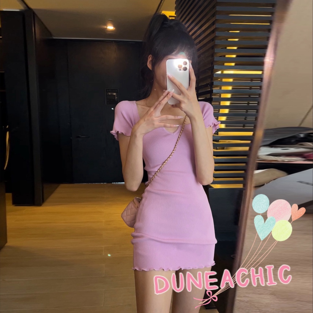 DUNEA Đầm Dệt Kim Tay Ngắn Cổ Vuông Thiết Kế Trẻ Trung Cho Nữ