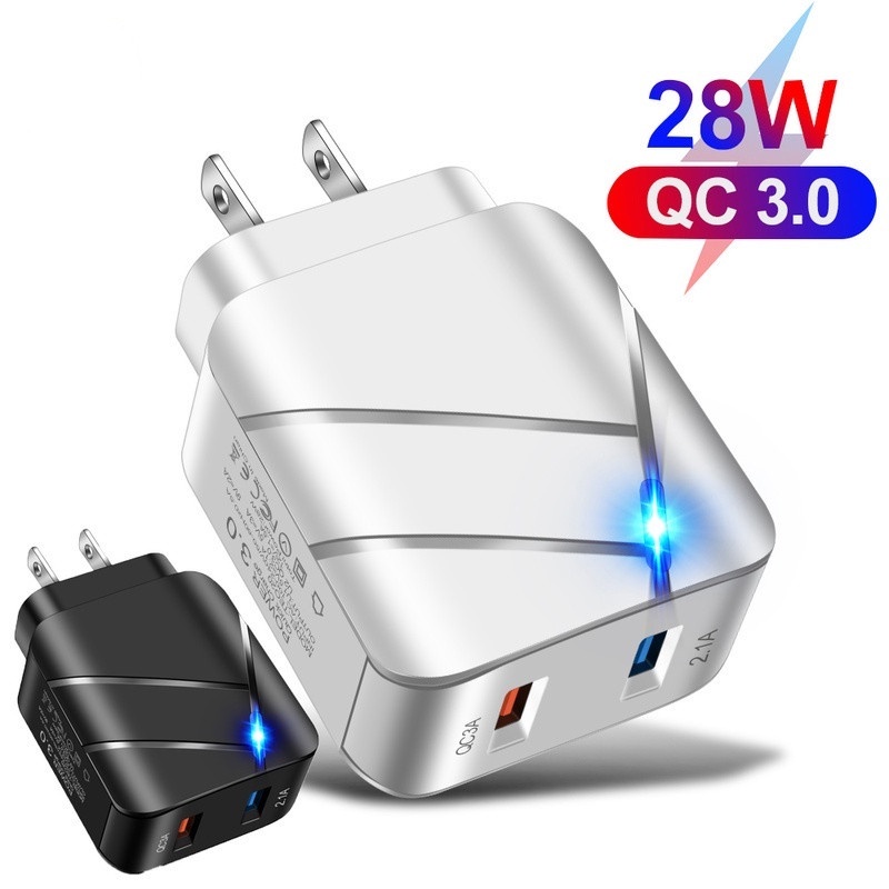 Cốc Sạc Nhanh 28W Hai Cổng USB QC3.0+2.1A Tích Hợp Đèn Phích Cắm US EU Tiện Dụng Mang Theo Du Lịch Cho Điện Thoại
