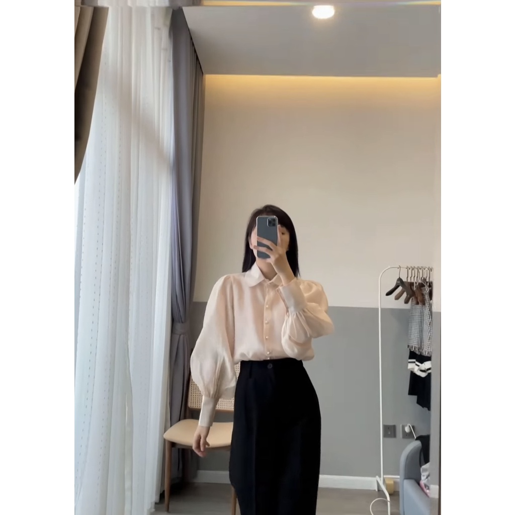 Áo sơ mi nữ tay bồng cổ sen chất tơ xốp nhũ - áo sơ mi công sở nữ 122