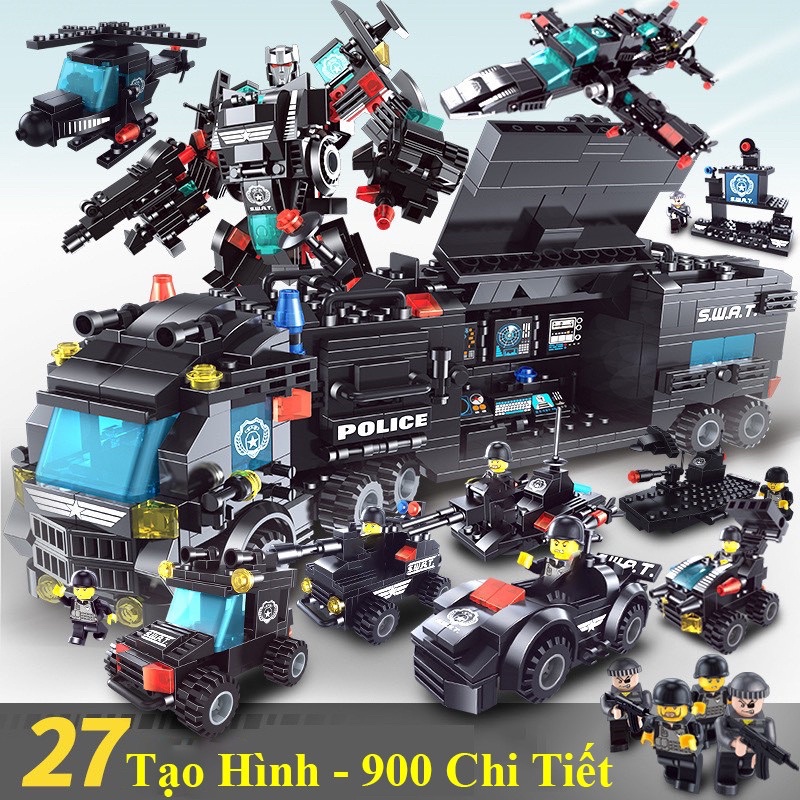 [900 Chi Tiết] Bộ Đồ Chơi Lắp Ghép Xếp Hình Xe Cảnh Sát, Lắp Ráp Xe Swat Oto, Robot, Đồ Chơi Tàu Chiến, Mô Hình Chiến Hạm