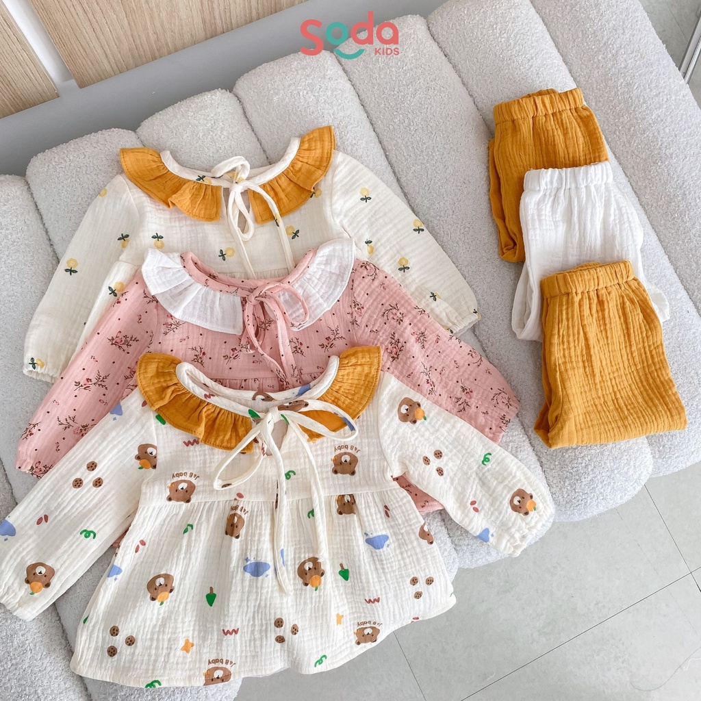Pijama bé gái SODA KIDS Minnie chất liệu xô Muslin cổ bèo