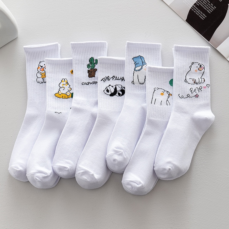 Vớ thể thao cotton in họa tiết graffiti hoạt hình màu trắng thời trang giản dị cho nữ