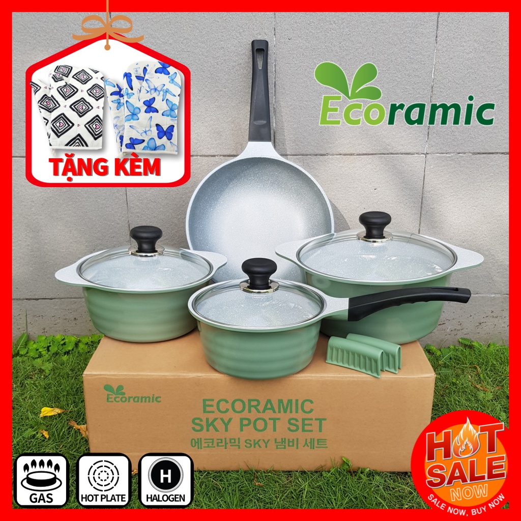 Bộ nồi đúc chống dính không từ SKY POT ECORAMIC Hàn Quốc siêu sang - Tặng cặp nhấc nồi chống nóng