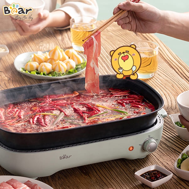 Nồi bếp lẩu nướng điện mini, đa năng chống dính 3 khay Bear D12Z4, tích hợp 3 trong 1, dung tích 4L, Bảo hành 18 tháng