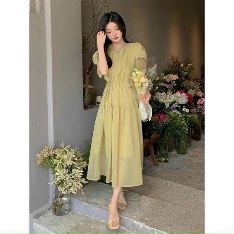 Đầm midi xanh lá voan tơ rút eo