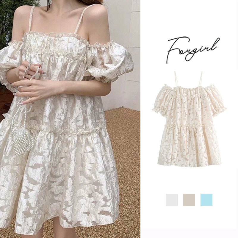 Váy voan hoa Forgirl trễ vai tay bồng điệu đà dáng xoè phong cách Hàn Quốc
