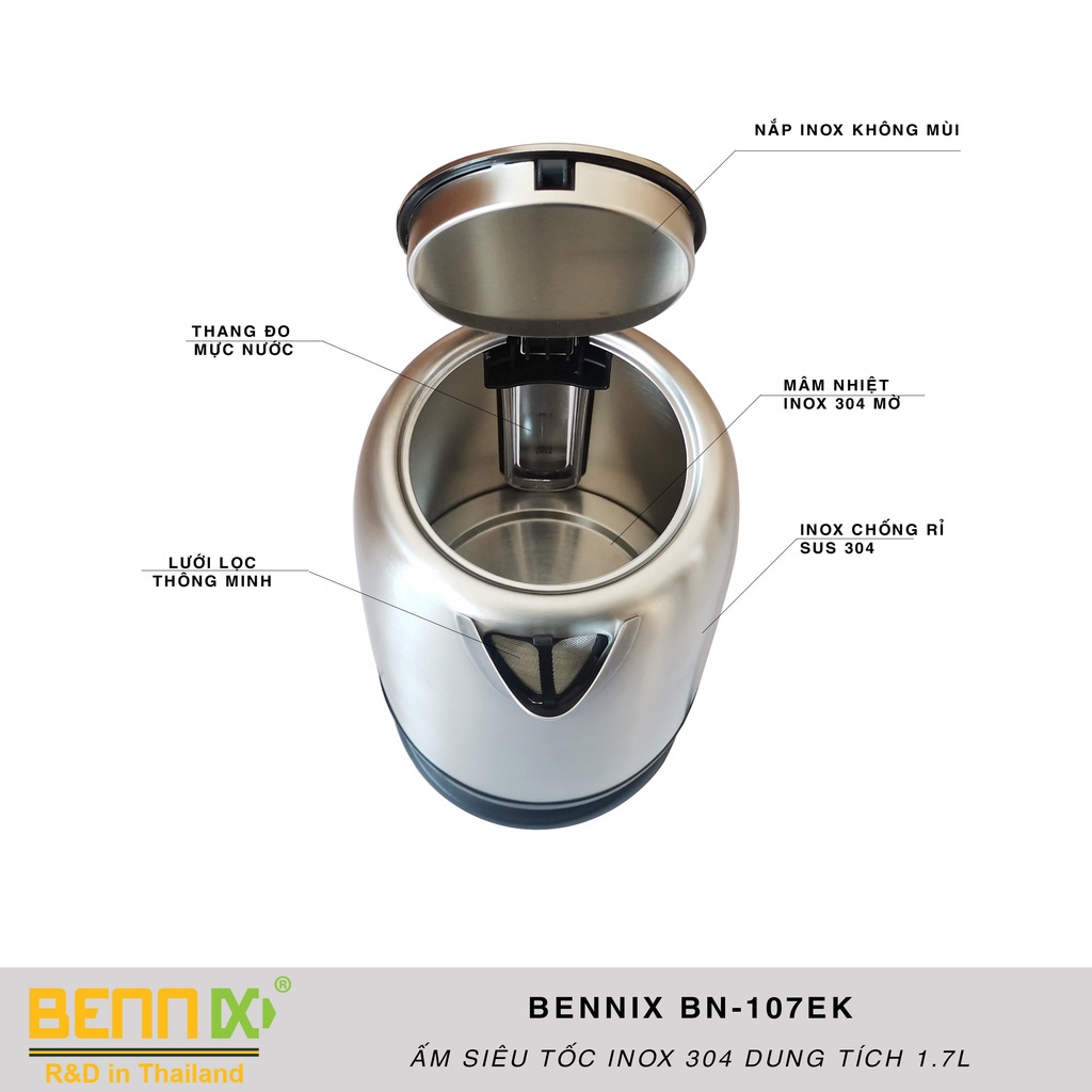 Ấm đun siêu tốc cao cấp Bennix BN-107 - Bình đun inox 304 1.7 lít bảo hành 12 tháng chính hãng