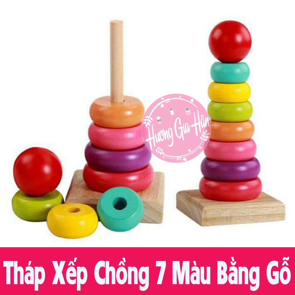 Đồ Chơi Tháp Chồng 7 Màu Bằng Gỗ - Giáo cụ Montessori Giúp Bé Nhận Biết Màu Sắc, Tập Đếm và Sự Khéo Léo