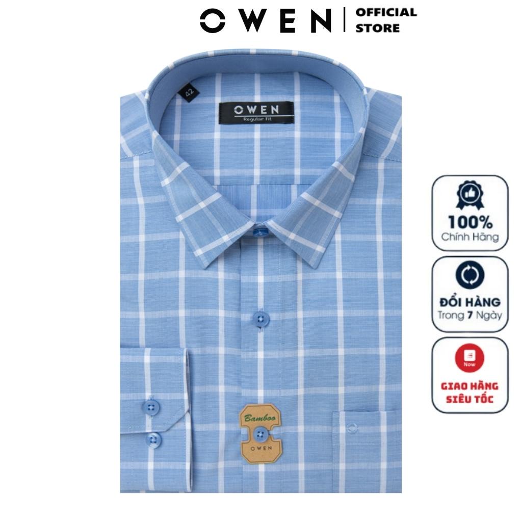Áo Sơ Mi Nam Dài Tay OWEN AR220786DT Somi Công Sở Vải Sợi Tre Cao Cấp Kẻ caro xanh trắng Dáng Regular Fit Tà Lượn Có Túi