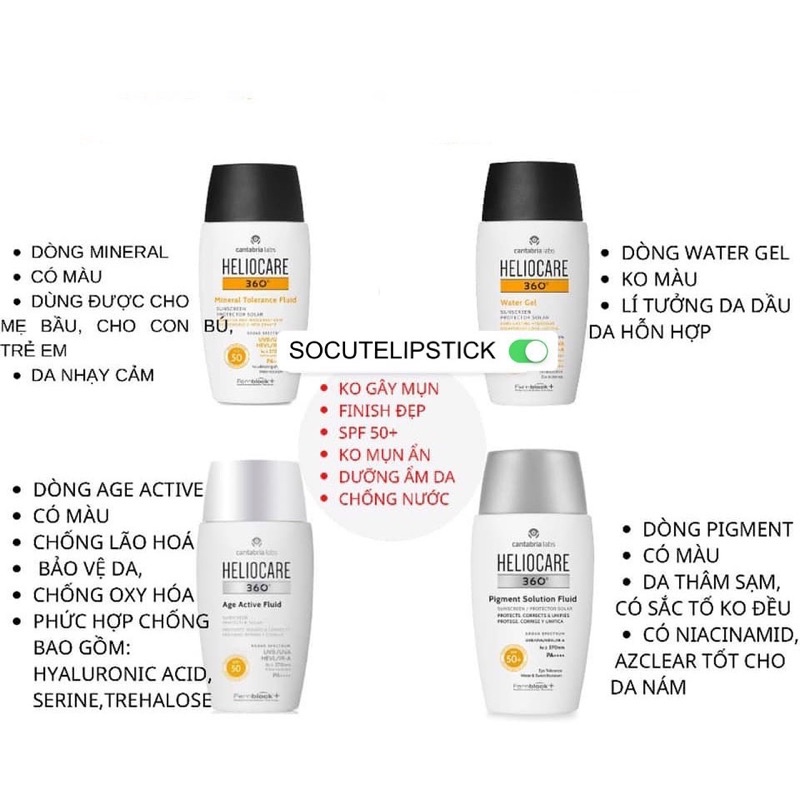 Kem chống nắng vật lí lai hóa học Heliocare 360° Pigment/Mineral/Gel Solution Fluid SPF50+ 50ml