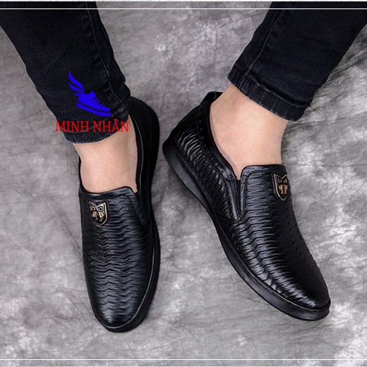 Giày lười nam da bò thật công sở slip on xỏ mẫu mới nhất vân sóng đẹp độc đáo hàng hiệu thời trang giá rẻ S-1 màu đen