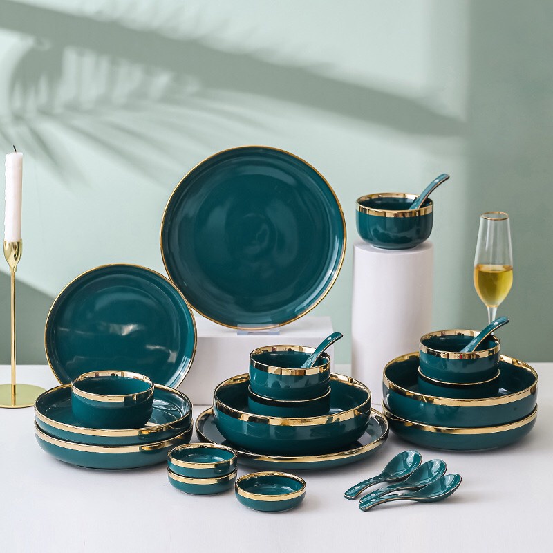 Bộ bát đĩa cao cấp,chén Đĩa decor đẹp BX-26 món viền vàng các màu phong cách Bắc Âu (set dành cho 6 người )