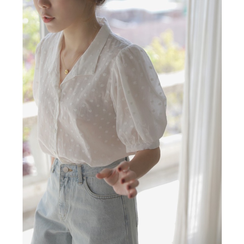 Áo Sơ Mi chiffon Tay Phồng Thêu Họa Tiết Thời Trang Mùa Hè Hàn Quốc Cho Nữ
