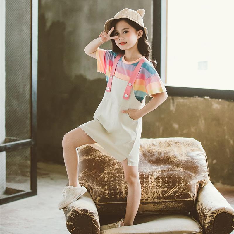Set Đồ Mùa Hè 2 Món Gồm 2 Món Áo Thun + Váy Yếm Dây Sọc Cầu Vồng Dễ Thương Cho Bé Gái Từ 3-5-6-7-8-9-10 Đến 12 Tuổi
