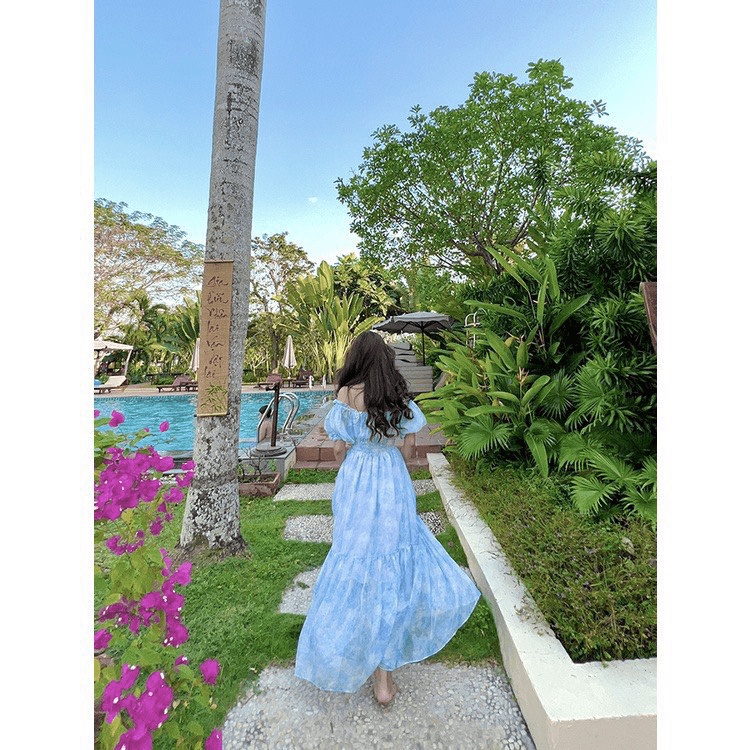 (Free ship) Đầm Voan Xanh Trễ Vai Dáng Xòe Đẹp Lung Linh UP HHP Fashion