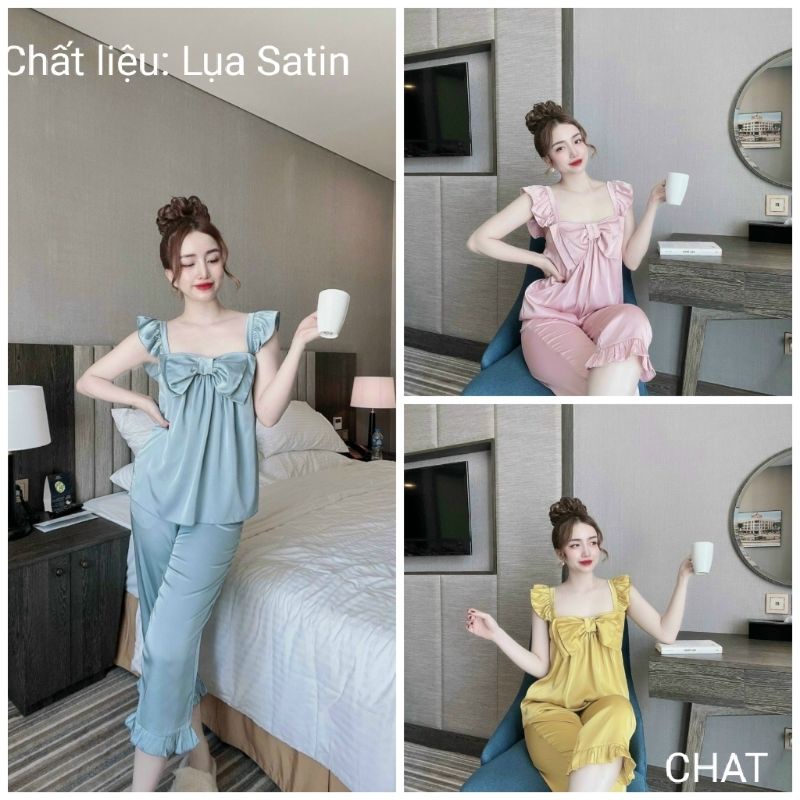 Bộ Lụa Satin Bèo Nơ Ngực mềm mướt ảnh thật sàn