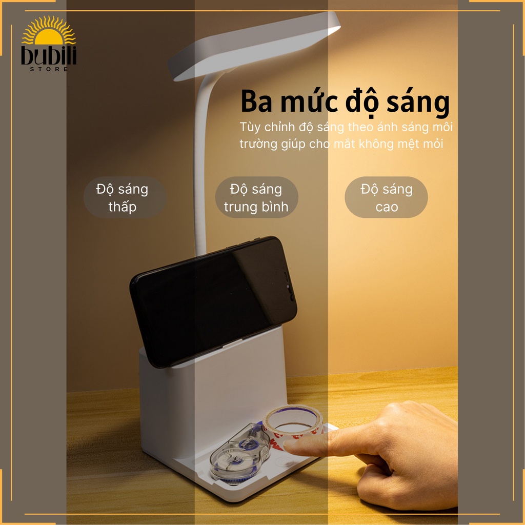 Đèn học để bàn Pin sạc 2500 mAh Đựng bút 3 nhiệt độ màu Làm mờ vô cấp Hình chữ nhật Q108