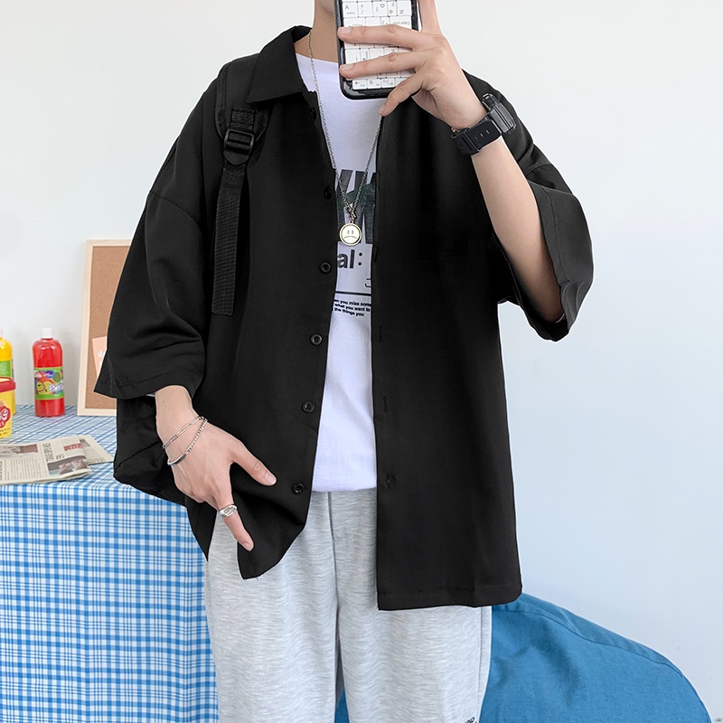 Áo sơ mi nam tay ngắn dáng rộng màu trơn phong cách Hàn Quốc thời trang mùa hè năng động