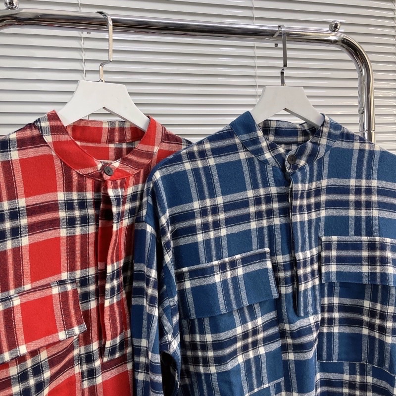 Áo flannel Fear of God Plaid Pullover Henley Dad Shirt Blue/Red cao cấp full tag túi, áo sơ mi FOG