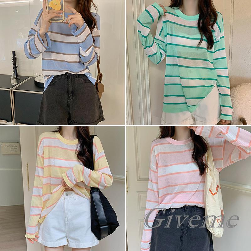 Áo Thun Nữ Dài Tay Cổ Tròn Xuyên Thấu Màu Xanh Dương / Xanh Lá / Hồng / Vàng