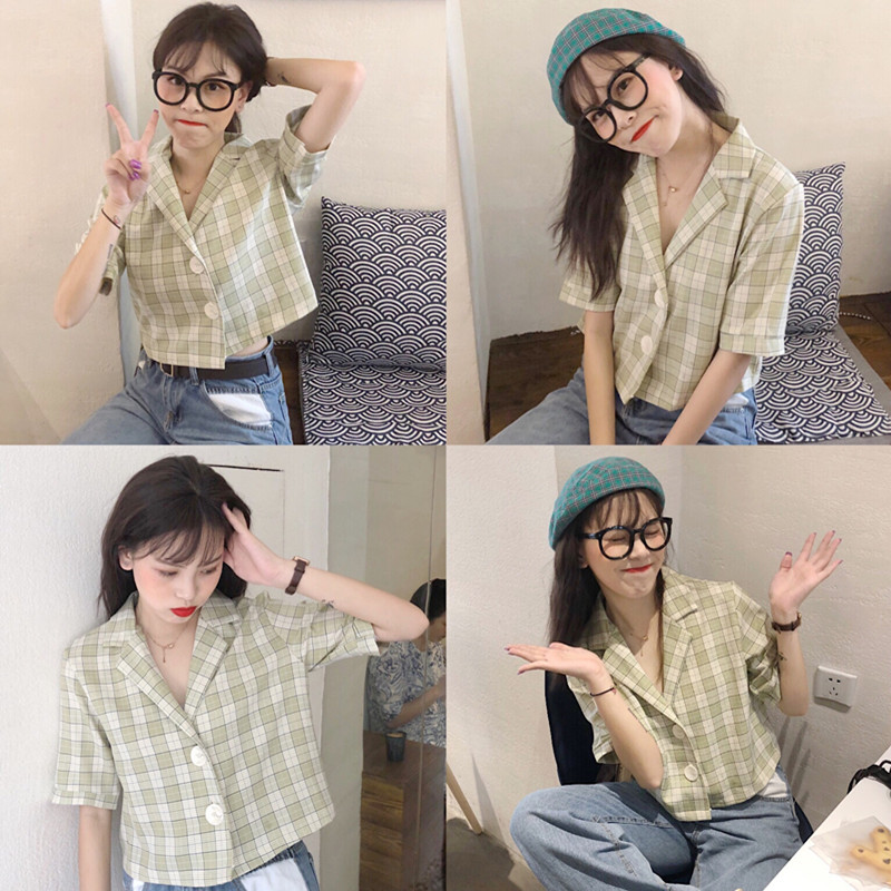 Áo blazer nữ đẹp 2021, Áo kiểu nữ cổ bẻ màu xanh Caro Phối Cúc Sang Chảnh Thời Trang Hàn Quốc | BigBuy360 - bigbuy360.vn