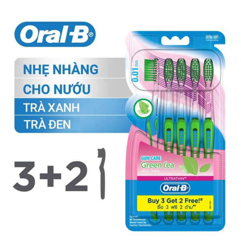Bàn chải đánh răng Oral B tinh chất trà xanh lông tơ siêu mềm  Vỉ 5 cây/ Vỉ 3 cây