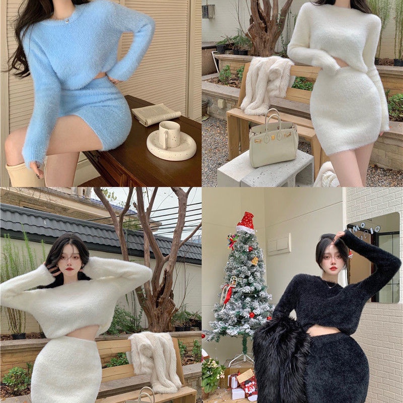 Set trang phục 2 mảnh áo dệt kim và chân váy nhỏ phong cách mùa thu đông cổ điển