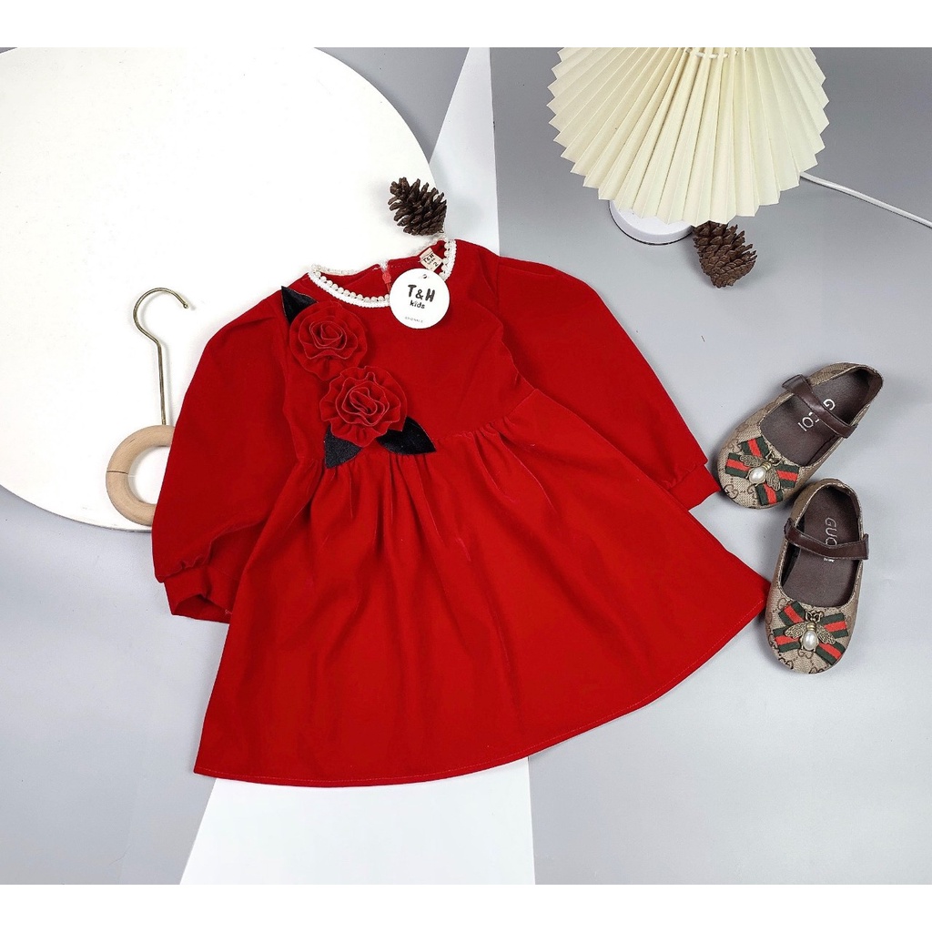 Váy bé gái thu đông, Đầm babydoll tay phồng cổ ngọc, xếp ly đính hoa cực xinh cho bé từ 8 đến 20 kg