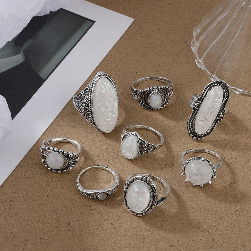 Set 8 Nhẫn Opal Hợp Kim Cho Nữ|Bông Tai Trong Suốt Chạm Khắc Phong Cách Bohemian