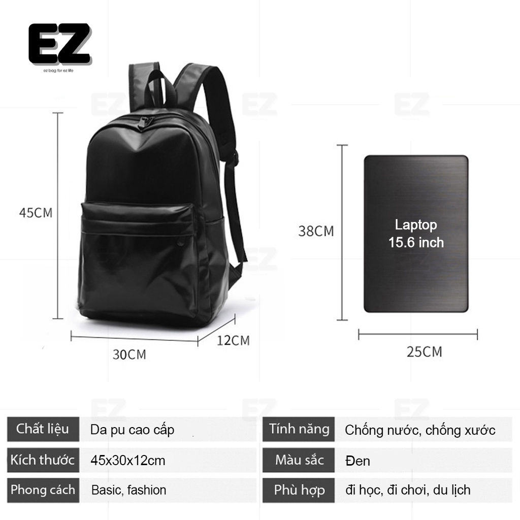 Balo đi học da basic BLD07 da PU cao cấp chống nước chống xước , Cặp đi học da đựng laptop 15.6 inch , Balo da đen trơn