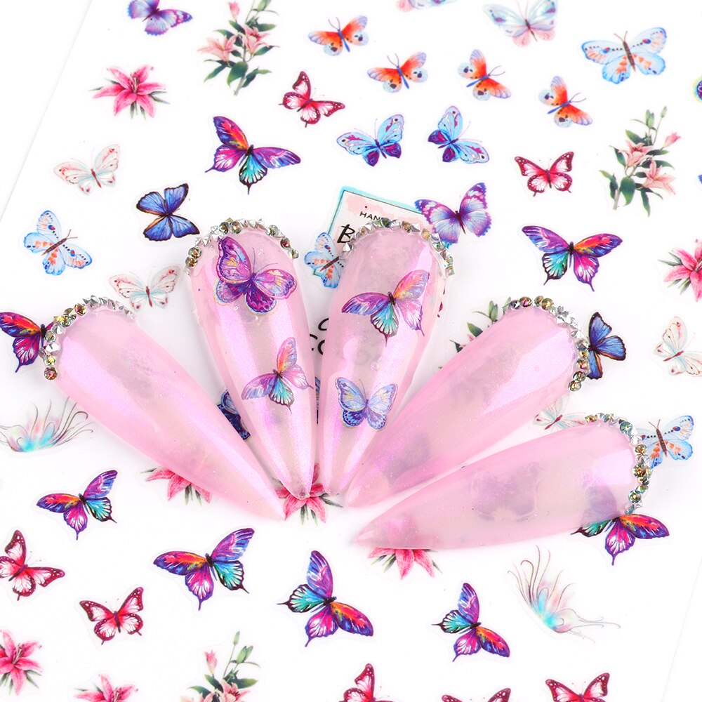 Nhãn dán trang trí móng tay in họa tiết bươm bướm/hoa hồng 3D nhiều màu sắc
