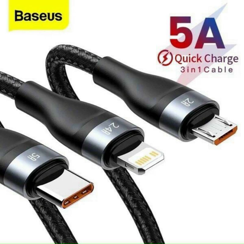 Cáp sạc nhanh 3 đầu Baseus Flash Series 3in1 (USB to Type C/ Lightning/ Micro, 5A/40W Quick