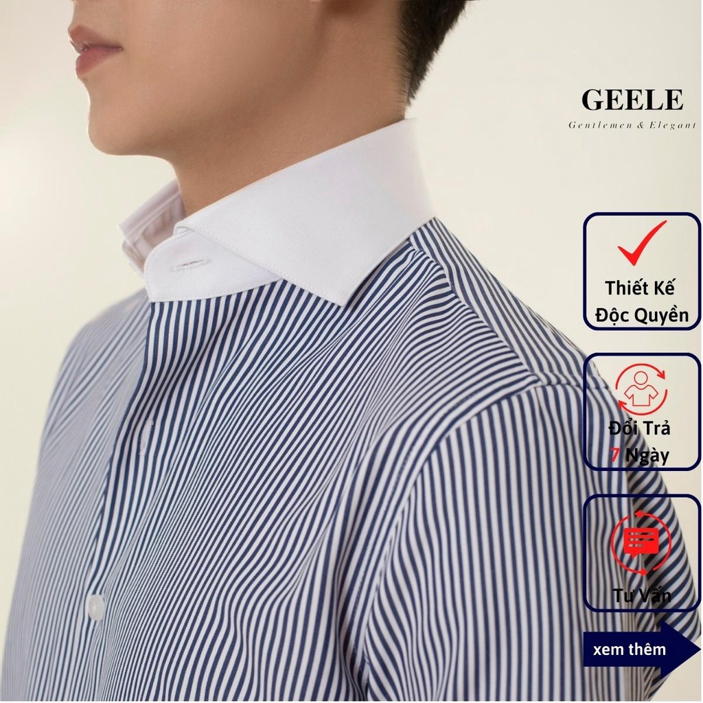 Áo Sơ Mi Kẻ Navy Phối Trắng Cổ Cutaway Form Regular FIT