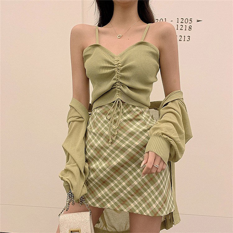 ☏✲Bộ Áo Khoác Cardigan Dây Rút Chống Nắng Màu Xanh Bơ + Chân Váy Caro Phong Cách Đường Phố Mùa Hè Cho Nữ