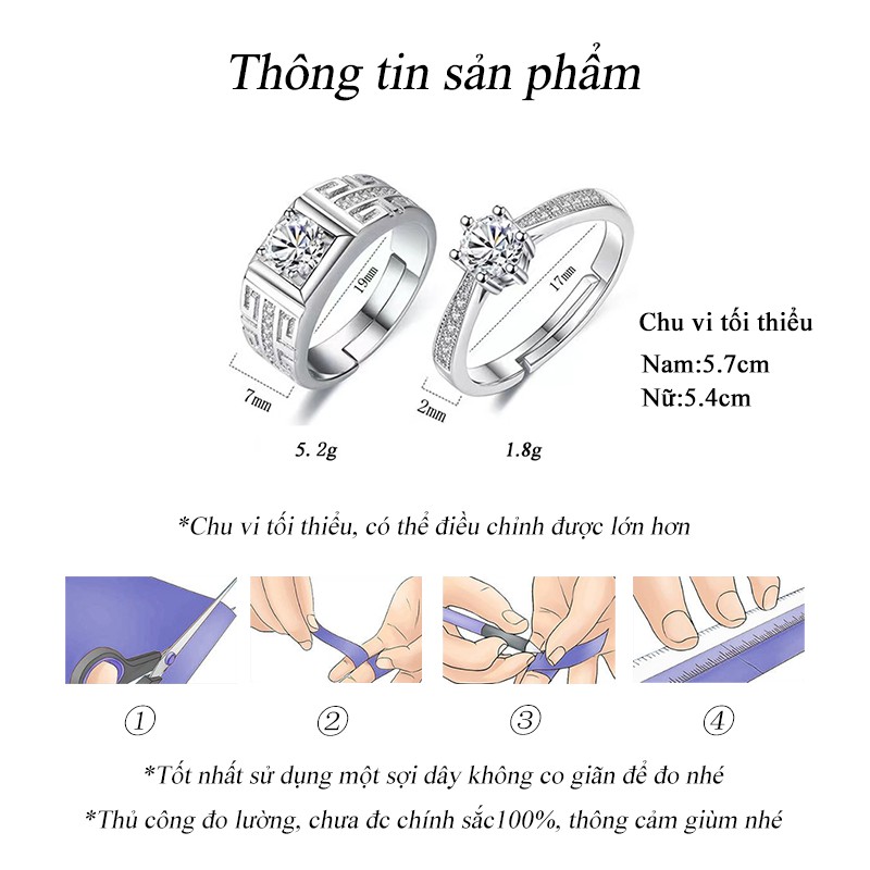 🔥🔥Nhẫn đôi Mẫu hoa văn Đính đá Mạ Bạc 925 Cặp đôi Cầu hôn Không phai màu Có thể điều chỉnh kích thước NH-015