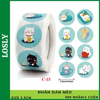 Cuộn 500 nhãn dán Mèo dễ thương C15 - Sticker tem nhãn dùng trang trí, tem niêm phong, decal
