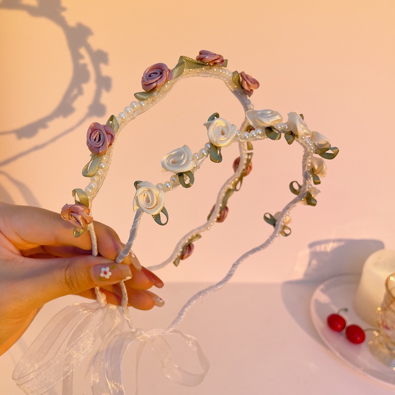 Băng Đô Buộc Tóc Bằng Lụa Đính Ngọc Trai Nhân Tạo Cho Nữ