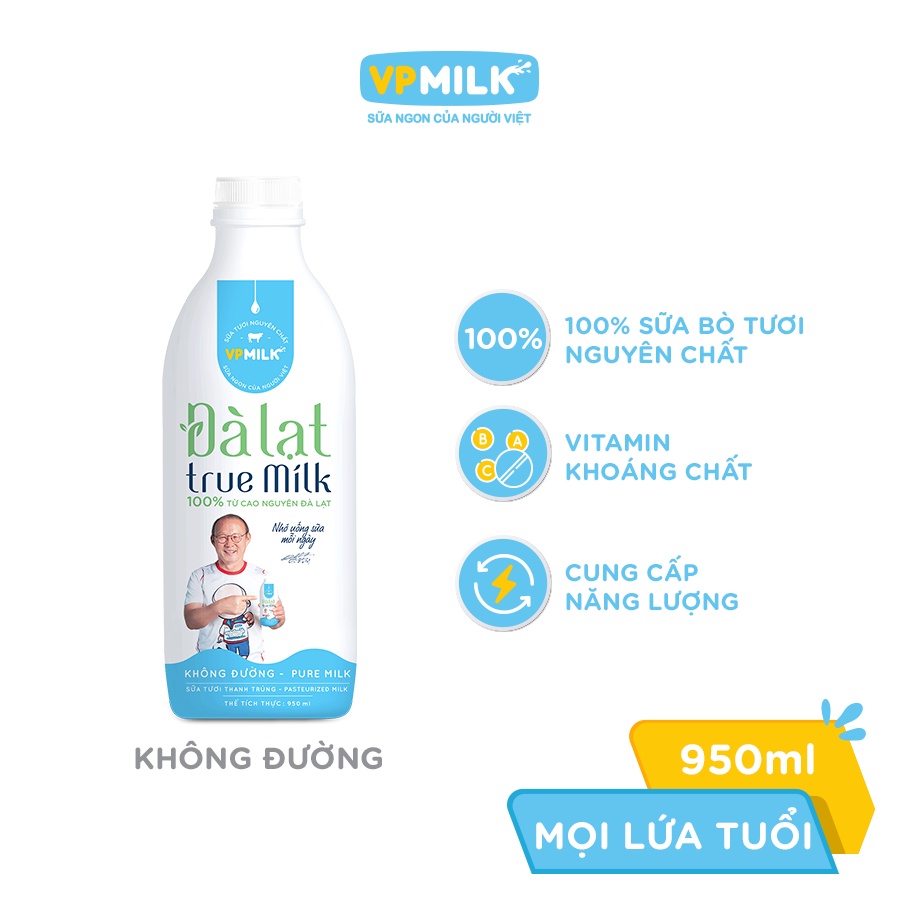 Sữa Tươi Thanh Trùng VPMilk Đà Lạt True Milk - không đường 950ml