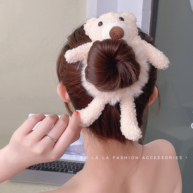 Dây Cột Tóc Bằng Vải Lông Phối Da Hình Gấu Đáng Yêu Độc Đáo Cho Bé Gái