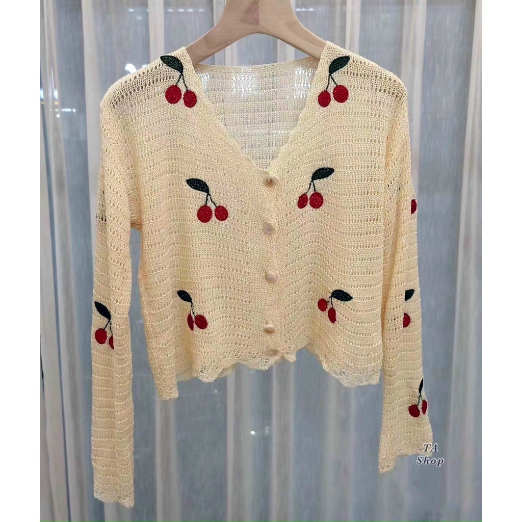 Áo cardigan lưới tay dài thêu cherry cổ tim cực xinh