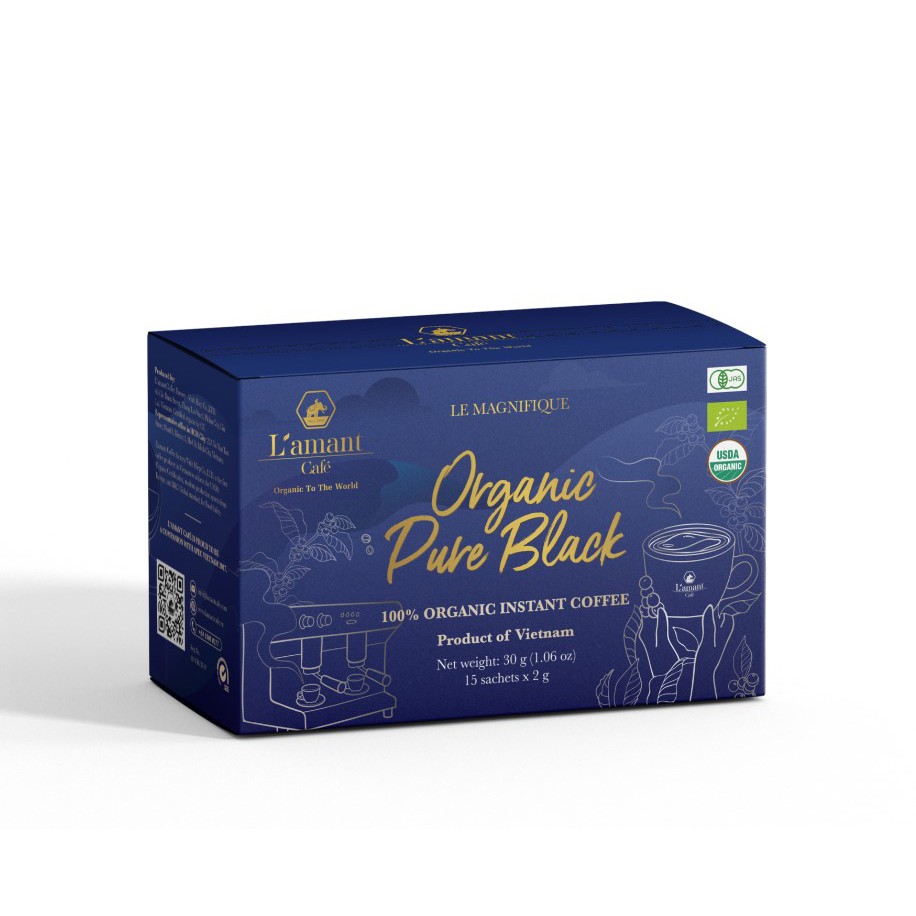 Cà phê hòa tan đen hữu cơ nguyên chất Organic Pure Black (15 gói x 2gr) - L'amant Café Organic Pure Black instant coffee