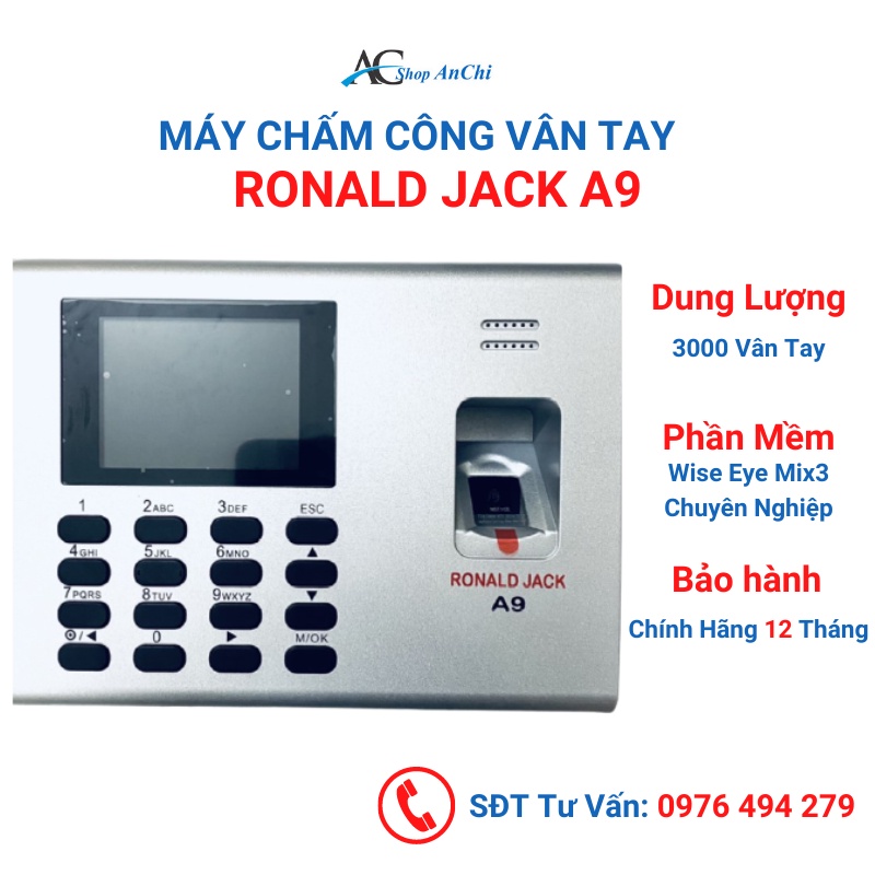 [ CHÍNH HÃNG ] Máy chấm công vân tay Ronald Jack A9 - Phần mềm Tiếng Việt Wise Eye Mix 3 Online