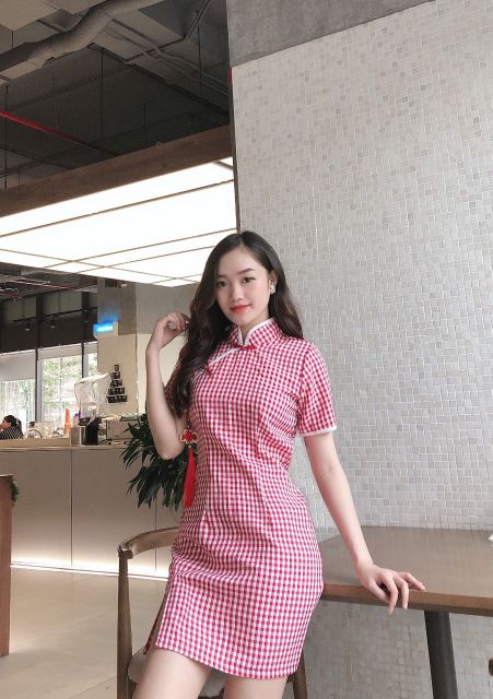 Đầm sườn xám caro