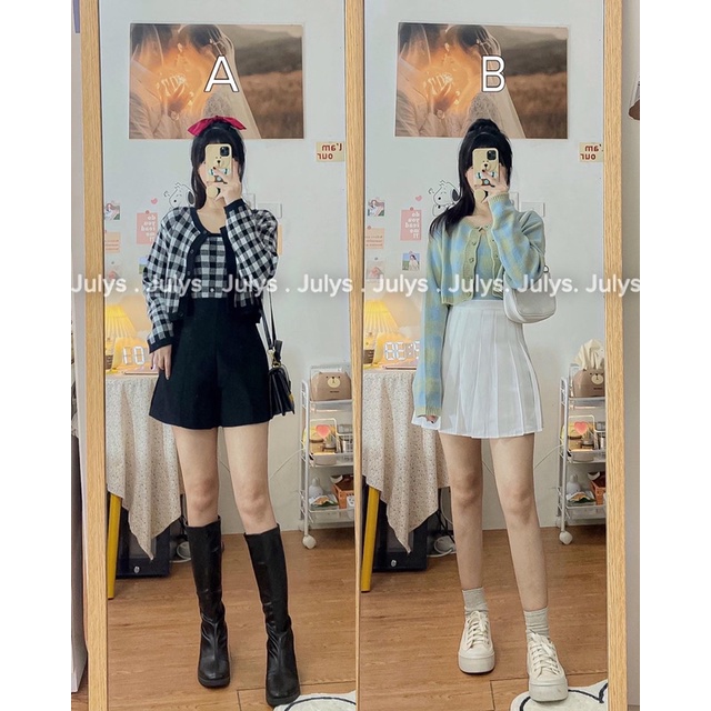 [Mã 2611THTRANG100K hoàn 10% xu đơn 99K] SET ÁO CROPTOP LEN KẺ Ô JULYS STORE (ảnh thật shop chụp kèm video cận chất)